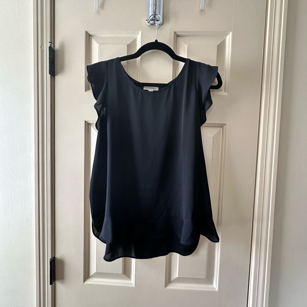 LOFT Black Ruffled Cap Sleeve Blouse